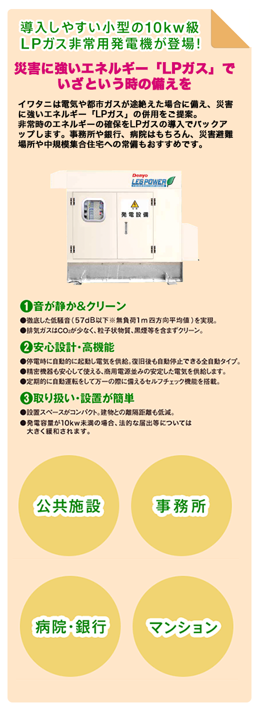 小形の10kw級LPガス非常用発電機が登場